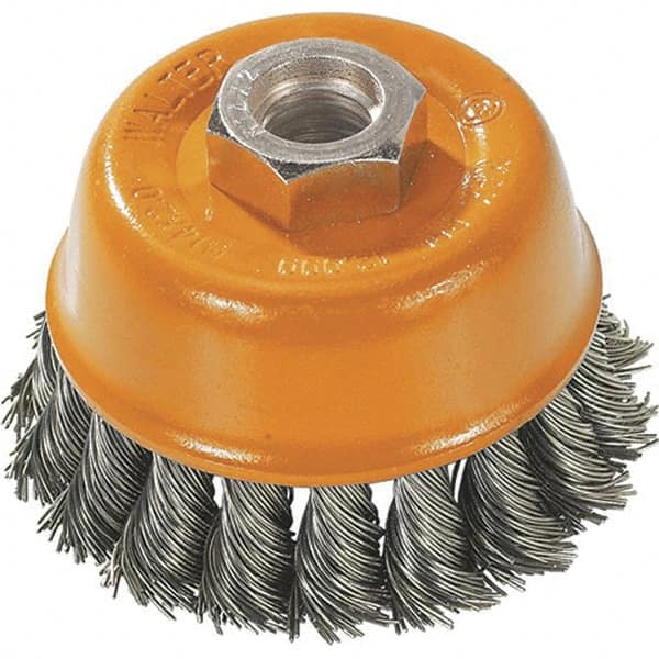 WALTER Surface Technologies - 3" Diam, M10x1.50 Threaded Arbor, Steel Fill Cup Brush - 0.015 Wire Diam, 12,000 Max RPM - Makers Industrial Supply