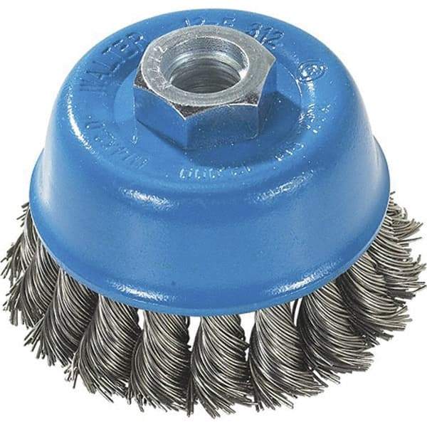 WALTER Surface Technologies - 3" Diam, M14x2.00 Threaded Arbor, Stainless Steel Fill Cup Brush - 0.015 Wire Diam, 12,000 Max RPM - Makers Industrial Supply