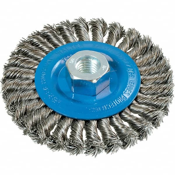 WALTER Surface Technologies - 4-1/2" OD, 5/8-11 Arbor Hole, Knotted Stainless Steel Wheel Brush - 3/8" Face Width, 0.02" Filament Diam, 15,000 RPM - Makers Industrial Supply