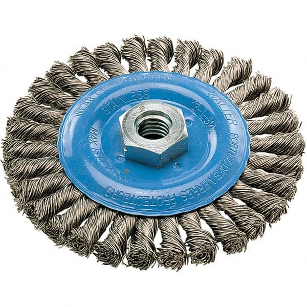 WALTER Surface Technologies - 5" OD, 5/8-11 Arbor Hole, Knotted Stainless Steel Wheel Brush - 3/8" Face Width, 0.02" Filament Diam, 15,000 RPM - Makers Industrial Supply