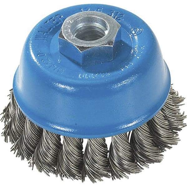 WALTER Surface Technologies - 3" Diam, M10x1.25 Threaded Arbor, Stainless Steel Fill Cup Brush - 0.015 Wire Diam, 12,000 Max RPM - Makers Industrial Supply