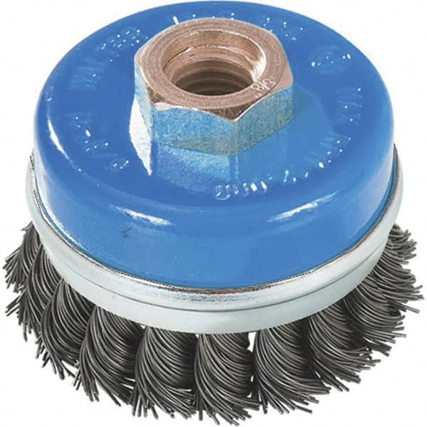 WALTER Surface Technologies - 3" Diam, M14x2.00 Threaded Arbor, Stainless Steel Fill Cup Brush - 0.02 Wire Diam, 12,000 Max RPM - Makers Industrial Supply