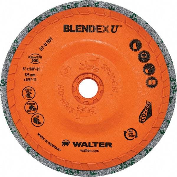 WALTER Surface Technologies - 5" Fine Grade Silicon Carbide Deburring Disc - 5/8-11 Threaded Center Hole, Arbor Connection, Orange, 10,500 Max RPM - Makers Industrial Supply