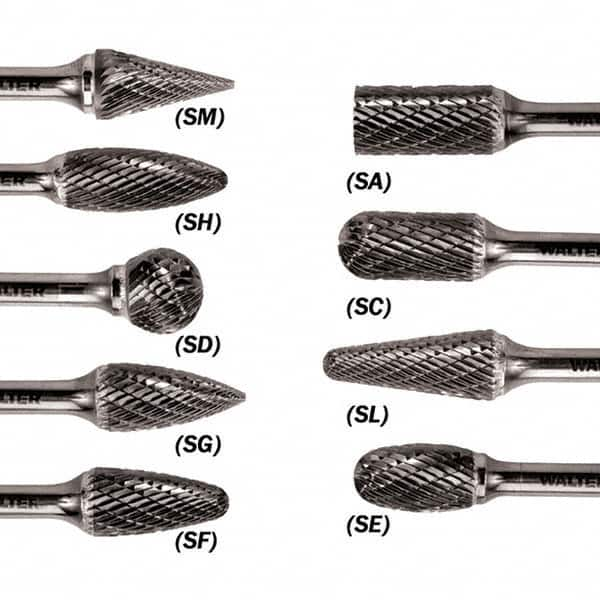 WALTER Surface Technologies - 3/8" Cut Diam, 1/4" Shank Diam, Taper Head Double Cut Burr - Carbide, 3/4" LOC - Makers Industrial Supply