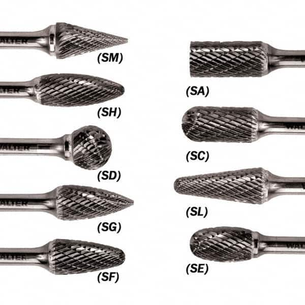 WALTER Surface Technologies - 1/4" Cut Diam, 1/4" Shank Diam, Taper Head Double Cut Burr - Carbide, 5/8" LOC - Makers Industrial Supply