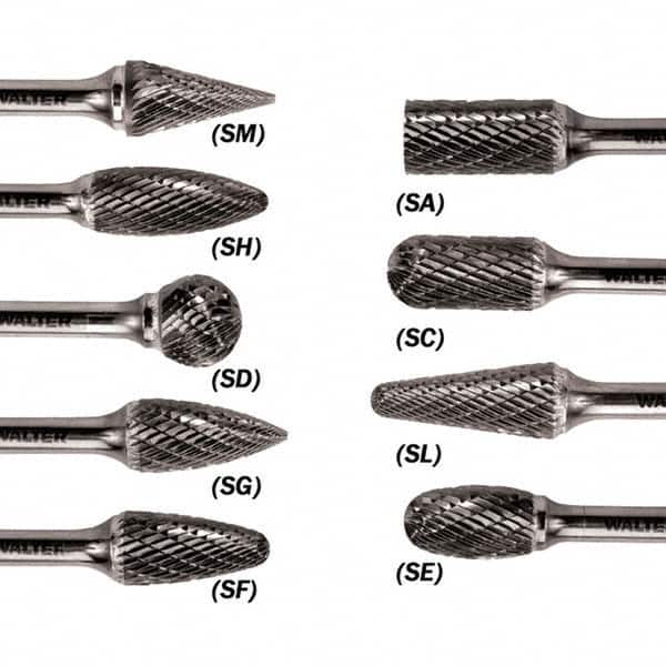 WALTER Surface Technologies - 1/2" Cut Diam, 1/4" Shank Diam, Taper Head Double Cut Burr - Carbide, 1" LOC - Makers Industrial Supply