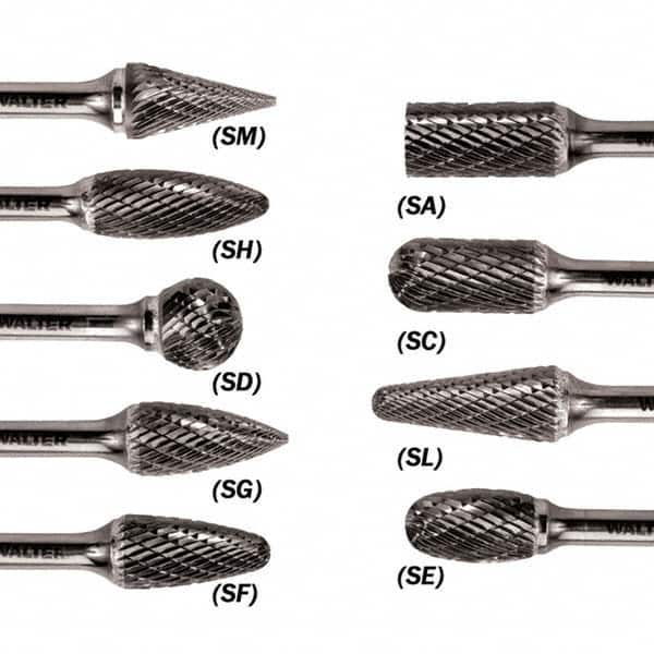 WALTER Surface Technologies - 1/2" Cut Diam, 1/4" Shank Diam, Ball Head Double Cut Burr - Carbide, 7/16" LOC - Makers Industrial Supply