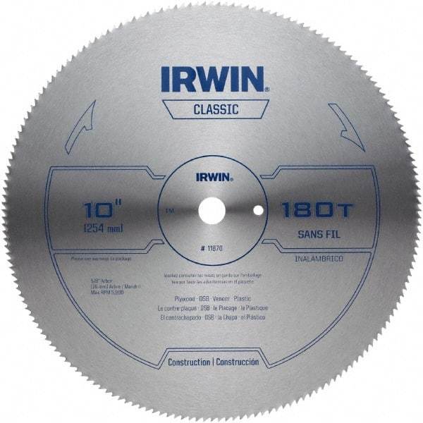 Irwin - 10" Diam, 5/8" Arbor Hole Diam, 180 Tooth Wet & Dry Cut Saw Blade - High Carbon Steel, Smooth Action, Standard Round Arbor - Makers Industrial Supply