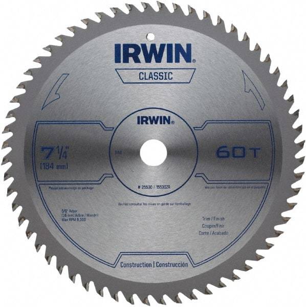 Irwin Blades - 7-1/4" Diam, 5/8" Arbor Hole Diam, 60 Tooth Wet & Dry Cut Saw Blade - Carbide-Tipped, Smooth Action, Diamond Arbor - Makers Industrial Supply