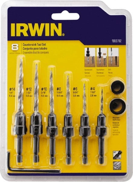 Irwin - 8 Piece, 1/4 to 1/2" Head Diam, Single End Countersink Set - Makers Industrial Supply