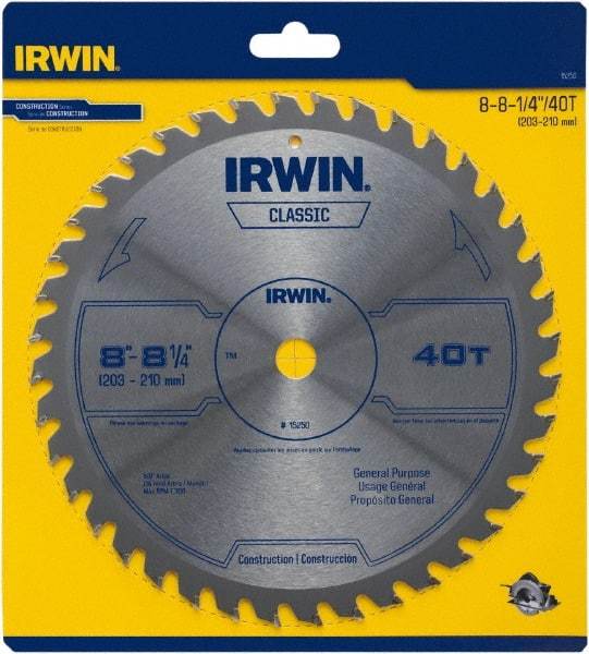 Irwin Blades - 8-1/4" Diam, 5/8" Arbor Hole Diam, 40 Tooth Wet & Dry Cut Saw Blade - Carbide-Tipped, Smooth Action, Diamond Arbor - Makers Industrial Supply