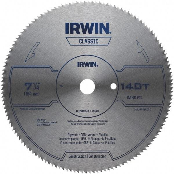 Irwin Blades - 7-1/4" Diam, 5/8" Arbor Hole Diam, 140 Tooth Wet & Dry Cut Saw Blade - High Carbon Steel, Smooth Action, Diamond Arbor - Makers Industrial Supply