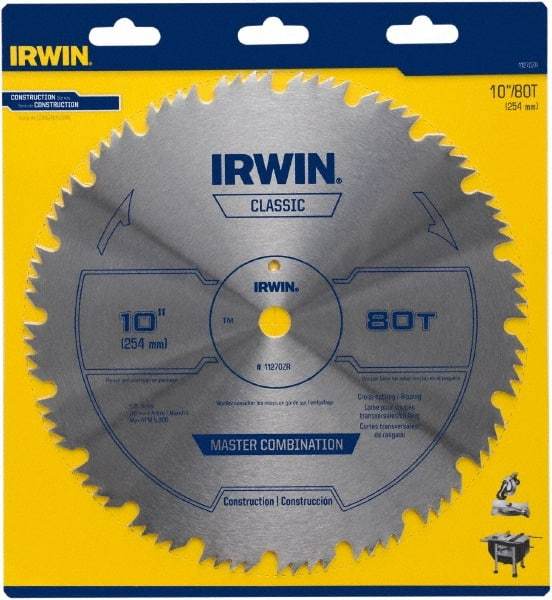 Irwin Blades - 10" Diam, 5/8" Arbor Hole Diam, 80 Tooth Wet & Dry Cut Saw Blade - High Carbon Steel, Smooth Action, Standard Round Arbor - Makers Industrial Supply