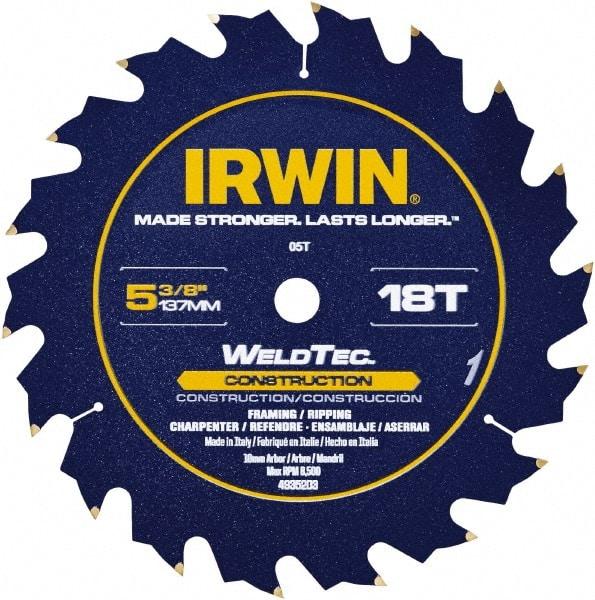 Irwin Blades - 5-3/8" Diam, 10mm Arbor Hole Diam, 18 Tooth Wet & Dry Cut Saw Blade - Carbide-Tipped, Straight Action, Standard Round Arbor - Makers Industrial Supply