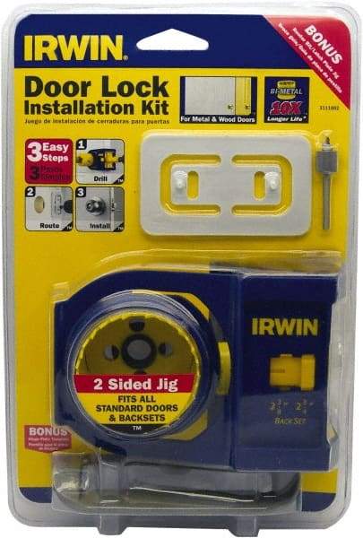 Irwin Blades - 7 Piece, 2-3/8" to 2-3/4" Saw Diam, Door-Lock Installation Hole Saw Kit - Bi-Metal, Includes 2 Hole Saws - Makers Industrial Supply