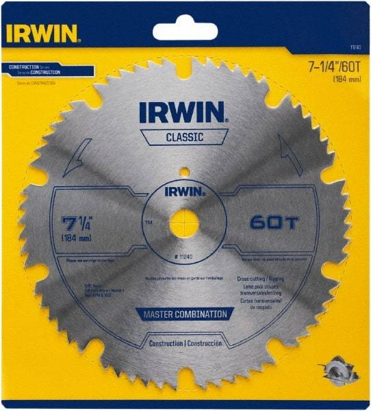 Irwin Blades - 7-1/4" Diam, 5/8" Arbor Hole Diam, 60 Tooth Wet & Dry Cut Saw Blade - High Carbon Steel, Smooth Action, Diamond Arbor - Makers Industrial Supply