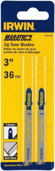 Irwin Blades - 3" Long x 0.039" Thick x 0.295" Wide, 36 Teeth per Inch, Bi-Metal Jig Saw Blade - Toothed Edge, T-Shank, Mill Tooth Set - Makers Industrial Supply