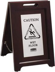 Rubbermaid - Attention/, Caution/, Cuidado/, Wet Floor, 15-1/8" Wide x 22" High, Wood Floor Sign - English/French/Spanish, A-Frame, Black on Silver, For Accident Prevention - Makers Industrial Supply