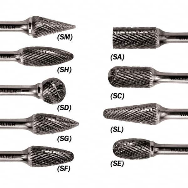 WALTER Surface Technologies - 3/8" Cut Diam, 1/4" Shank Diam, Taper Head Double Cut Burr - Carbide, 3/4" LOC - Makers Industrial Supply