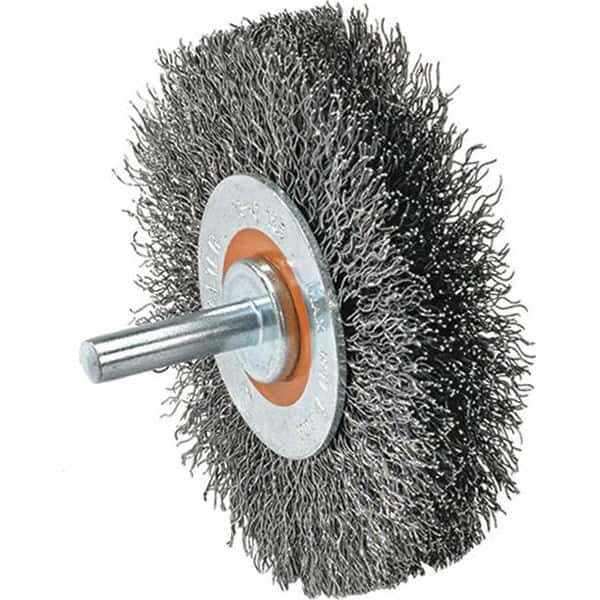 WALTER Surface Technologies - 1-3/8" OD, 1/4" Shank Diam, Crimped Stainless Steel Wheel Brush - 1/4" Face Width, 0.008" Filament Diam, 25,000 RPM - Makers Industrial Supply