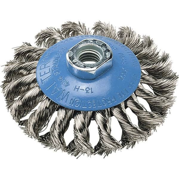 WALTER Surface Technologies - 5" Diam, 5/8-11 Threaded Arbor, Stainless Steel Fill Cup Brush - 0.02 Wire Diam, 15,000 Max RPM - Makers Industrial Supply