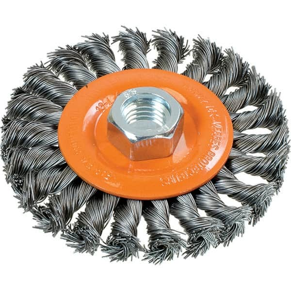 WALTER Surface Technologies - 4" OD, 5/8-11 Arbor Hole, Knotted Steel Wheel Brush - 3/8" Face Width, 0.02" Filament Diam, 20,000 RPM - Makers Industrial Supply