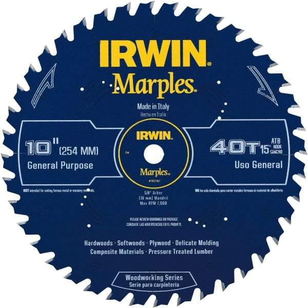 Irwin Blades - 10" Diam, 5/8" Arbor Hole Diam, 40 Tooth Wet & Dry Cut Saw Blade - Carbide-Tipped, Finishing Action, Standard Round Arbor - Makers Industrial Supply