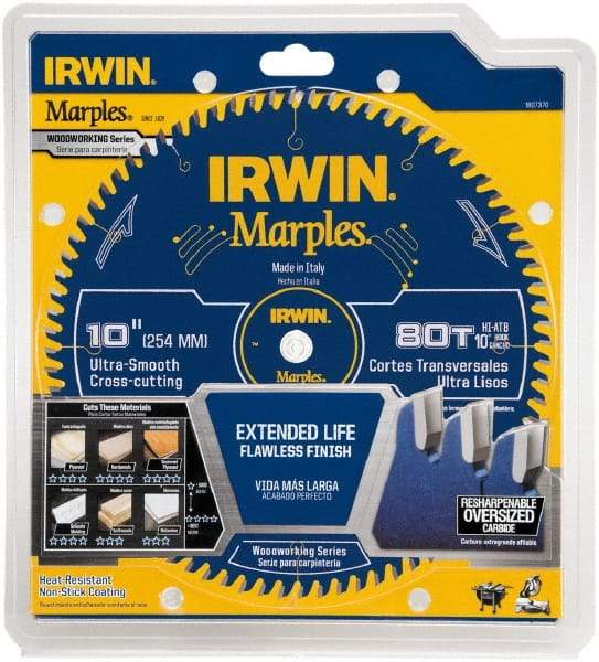 Irwin Blades - 10" Diam, 5/8" Arbor Hole Diam, 80 Tooth Wet & Dry Cut Saw Blade - Carbide-Tipped, Finishing Action, Standard Round Arbor - Makers Industrial Supply