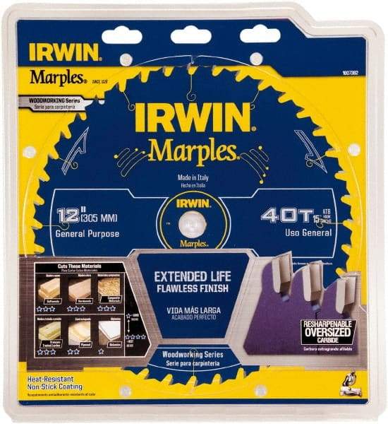 Irwin Blades - 12" Diam, 1" Arbor Hole Diam, 40 Tooth Wet & Dry Cut Saw Blade - Carbide-Tipped, Finishing Action, Standard Round Arbor - Makers Industrial Supply