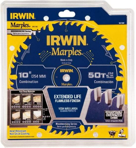 Irwin Blades - 10" Diam, 5/8" Arbor Hole Diam, 50 Tooth Wet & Dry Cut Saw Blade - Carbide-Tipped, Finishing Action, Standard Round Arbor - Makers Industrial Supply