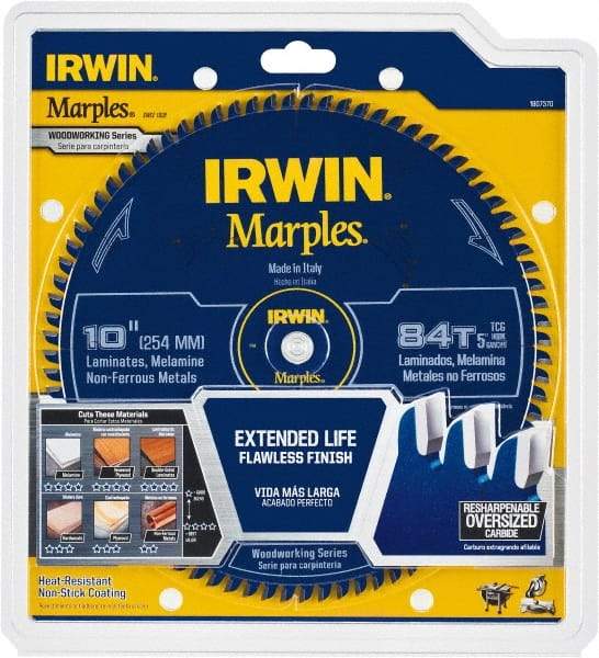 Irwin Blades - 10" Diam, 5/8" Arbor Hole Diam, 84 Tooth Wet & Dry Cut Saw Blade - Carbide-Tipped, Finishing Action, Standard Round Arbor - Makers Industrial Supply