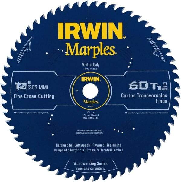 Irwin - 12" Diam, 1" Arbor Hole Diam, 60 Tooth Wet & Dry Cut Saw Blade - Carbide-Tipped, Finishing Action, Standard Round Arbor - Makers Industrial Supply