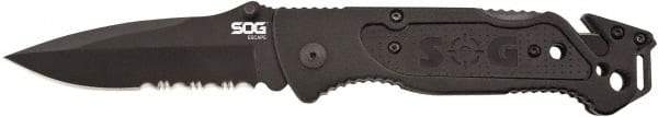 SOG Specialty Knives - 3-13/32" Blade, 8.2" OAL, Partially Serrated Clip Point Folding Knife - 4.8" Closed Length, Plastic, 1 Blade, 1 Edge - Makers Industrial Supply