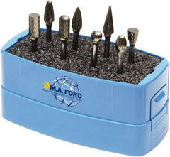 M.A. Ford - 8 Piece, 3mm Shank Burr Set - Solid Carbide, Multiple Head Shapes, 3° Included Angle - Makers Industrial Supply