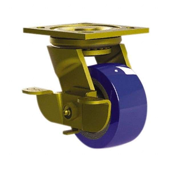 E.R. Wagner - 4" Diam x 2" Wide x 5-5/8" OAH Top Plate Mount Swivel Caster with Brake - Mold on Polyurethane, 750 Lb Capacity, Roller Bearing, 4 x 4-1/2" Plate - Makers Industrial Supply