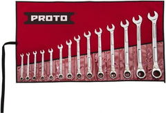 Proto - 14 Piece, 6mm to 19mm, Ratcheting Combination Wrench Set - Metric Measurement Standard, Full Polish Finish, Comes in Pouch - Makers Industrial Supply