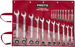 Proto - 20 Piece, 6mm to 32mm, Ratcheting Combination Wrench Set - Metric Measurement Standard, Full Polish Finish, Comes in Pouch - Makers Industrial Supply