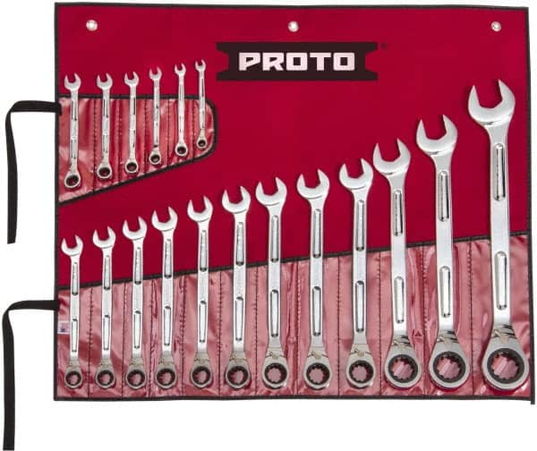 Proto - 18 Piece, 1/4" to 1-1/4", Ratcheting Combination Wrench Set - Inch Measurement Standard, Full Polish Finish, Comes in Pouch - Makers Industrial Supply