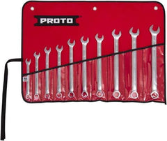 Proto - 10 Piece, 10mm to 19mm, 6 Point Combination Wrench Set - Metric Measurement Standard, Full Polish Finish, Comes in Tool Roll - Makers Industrial Supply