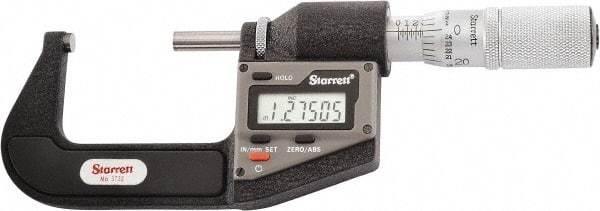 Starrett - 25.4 to 50.8 mm Range, 0.0001" Resolution, Standard Throat, Electronic Outside Micrometer - 0.0001" Accuracy, Friction Thimble, Micro Lapped Carbide Face, CR2450 Battery, Includes 3V Battery - Makers Industrial Supply