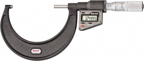 Starrett - 76 to 101 mm Range, 0.0001" Resolution, Standard Throat, Electronic Outside Micrometer - 0.0002" Accuracy, Friction Thimble, Micro Lapped Carbide Face, CR2450 Battery, Includes 3V Battery - Makers Industrial Supply