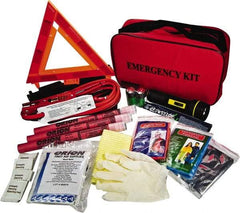 ORION Safety - 79 Piece, Emergency Roadside Safety Kit - Emergency Flares, Reflective Triangle, Flashlight, Batteries, Lightstick, Vest, Poncho, Shop Cloth, Jumper Cable, Multi-Tool, Thermal Blanket, Toweletes & First Aid Supplies - Makers Industrial Supply