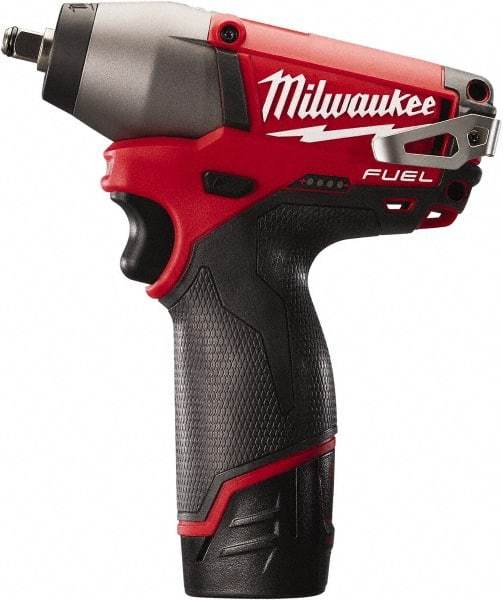 Milwaukee Tool - 3/8" Drive 12 Volt Pistol Grip Cordless Impact Wrench & Ratchet - 0 to 2,650 RPM, 0 to 3,500 BPM, 116.66 Ft/Lb Torque, 2 Lithium-Ion Batteries Included - Makers Industrial Supply