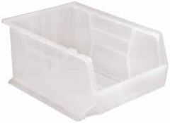 Quantum Storage - 75 Lb. Load Capacity, 16" Deep, Clear Polypropylene Hopper Stacking Bin - 8" High x 11" Wide x 16" Long - Makers Industrial Supply