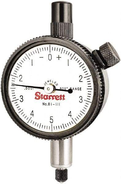 Starrett - 0.025" Range, 0-5-0 Dial Reading, 0.0001" Graduation Dial Drop Indicator - 1-11/16" Dial, 0.01" Range per Revolution - Makers Industrial Supply