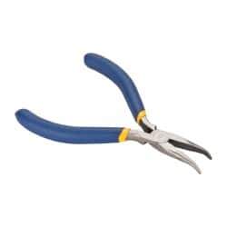 Irwin - 5" OAL, 1-1/4" Jaw Length x 9/16" Jaw Width, Long Nose Needle Nose Pliers - Serrated Jaw, Curved Head, Dipped Vinyl Handles, with Spring - Makers Industrial Supply