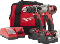 Milwaukee Tool - 18 Volt Cordless Tool Combination Kit - Includes 1/2" Hammer Drill & 1/4" Hex Compact Impact Driver, 2 Lithium-Ion Batteries Included - Makers Industrial Supply