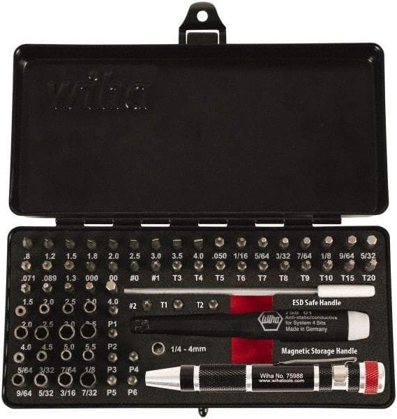 Wiha - 65 Piece, 4mm Drive Screwdriver Micro Bit Set - 0.7 to 4mm Hex, T3 to T20 Torx, 0.8, 1.2, 1.5, 1.8, 2, 2.5, 3, 3.5 & 4mm Slotted - Makers Industrial Supply