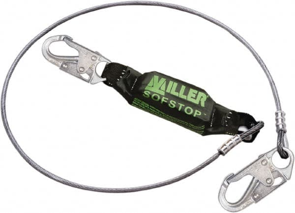 Miller - 6' Long, 310 Lb Capacity, 1 Leg Locking Snap Hook Harness Shock Absorbing Lanyard - 1-1/2" Diam, Vinyl Coated Wire Rope, Locking Snap Hook Anchorage Connection - Makers Industrial Supply