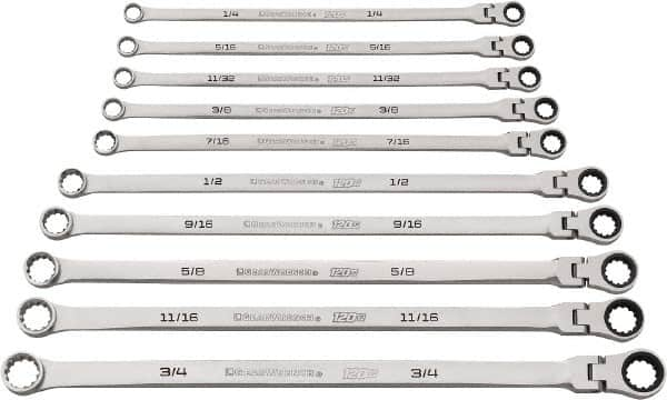 GearWrench - 10 Piece, 1/4" to 3/4", Ratcheting Flexhead Combination Wrench Set - Inch Measurement Standard, Chrome Finish - Makers Industrial Supply